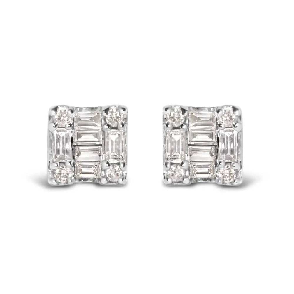 1/7 CTW Round and Baguette Diamond Mosaic Square Studs in 10K White Gold