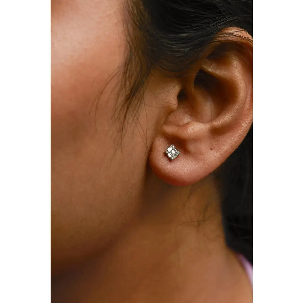 1/7 CTW Round and Baguette Diamond Mosaic Square Studs in 10K White Gold