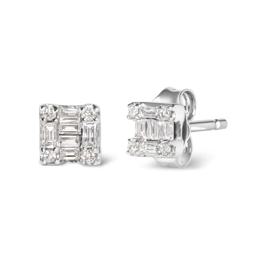 1/7 CTW Round and Baguette Diamond Mosaic Square Studs in 10K White Gold