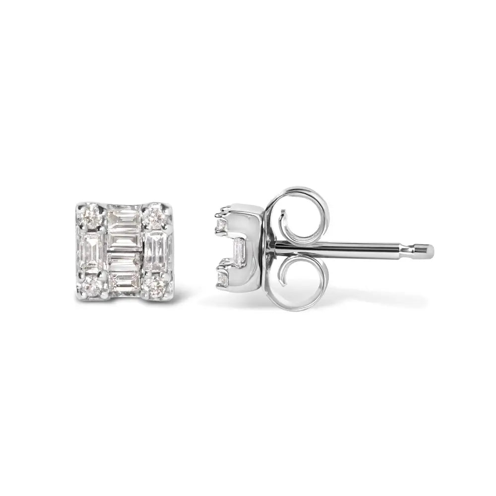 1/7 CTW Round and Baguette Diamond Mosaic Square Studs in 10K White Gold