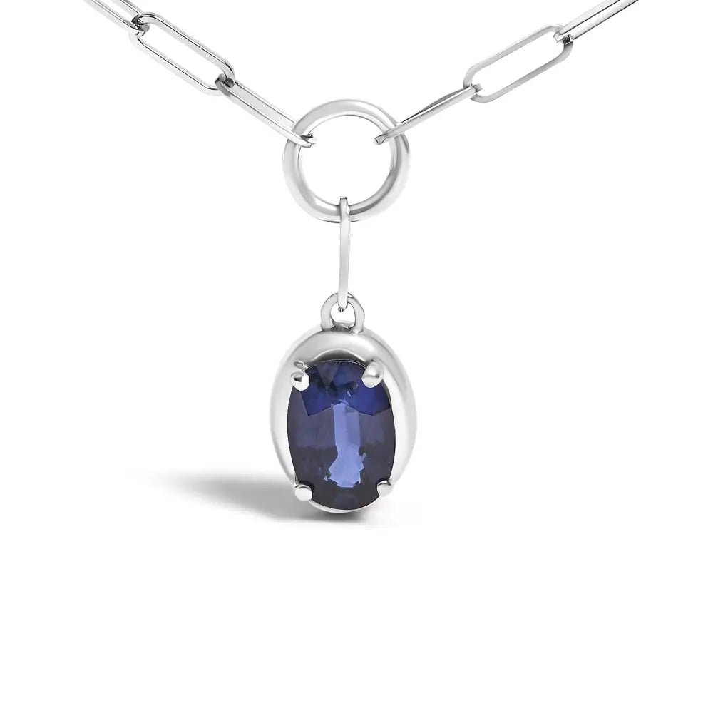 Blue Sapphire Paperclip Pendant Necklace in 10K White Gold 18 Inches