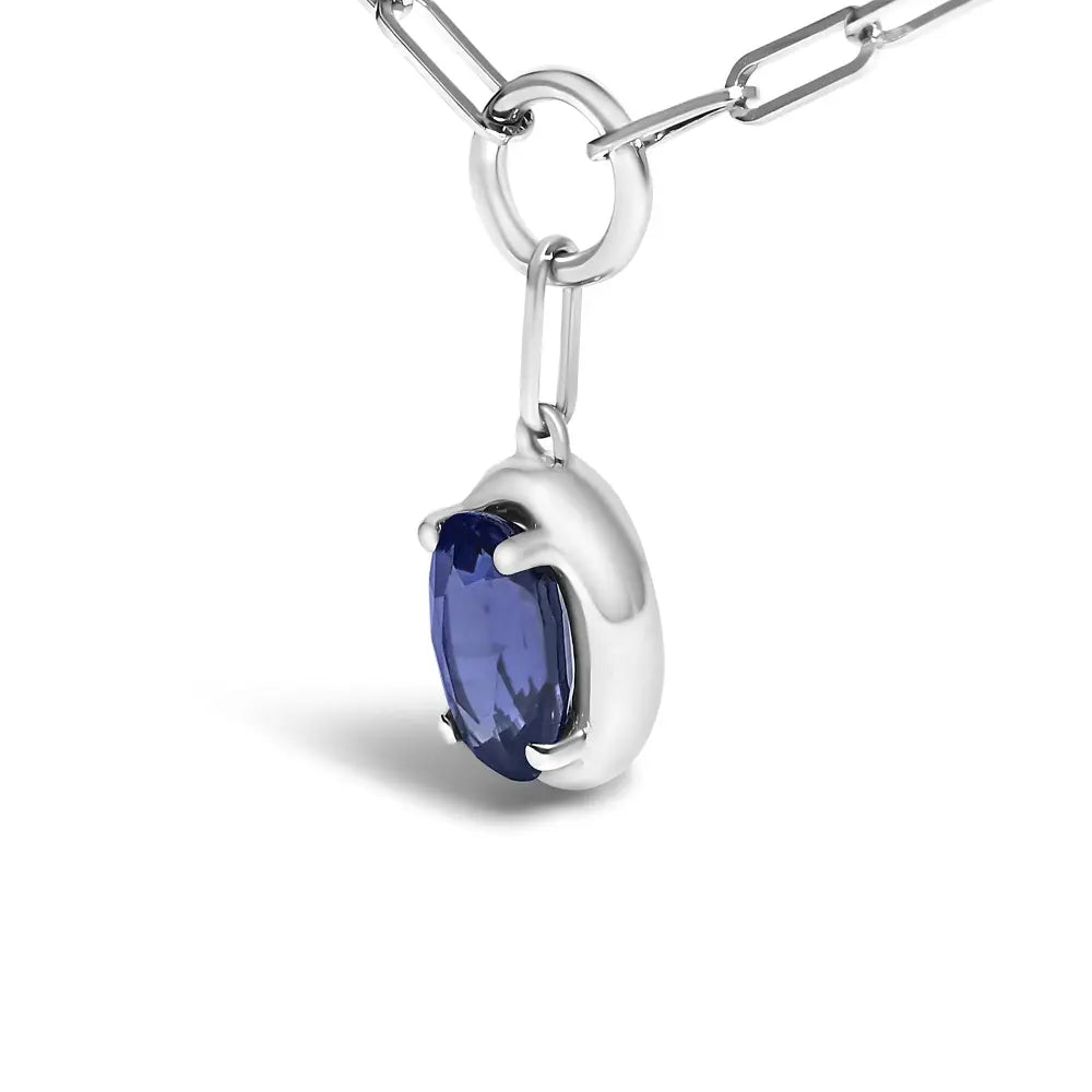 Blue Sapphire Paperclip Pendant Necklace in 10K White Gold 18 Inches