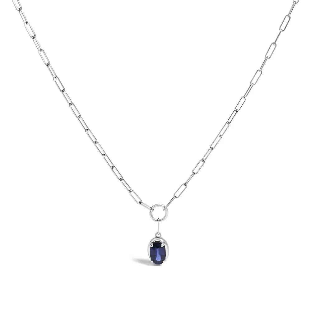 Blue Sapphire Paperclip Pendant Necklace in 10K White Gold 18 Inches