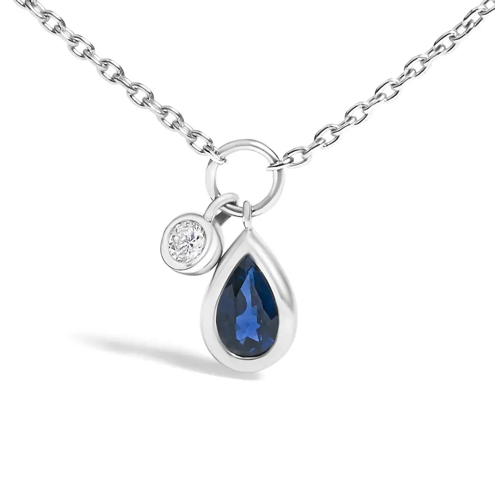 10K White Gold Pear Blue Sapphire and Diamond Pendant Necklace 18 Inches