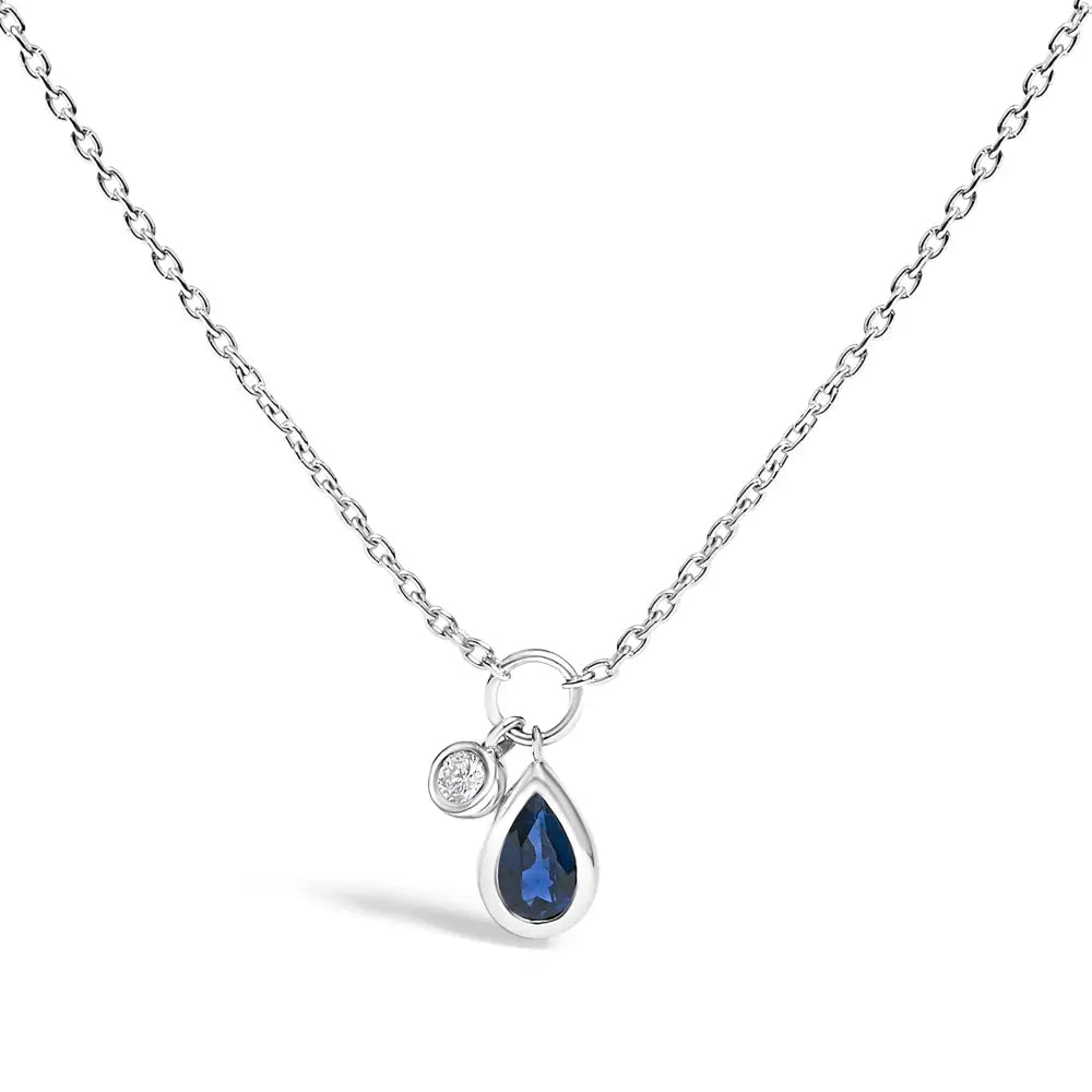 10K White Gold Pear Blue Sapphire and Diamond Pendant Necklace 18 Inches