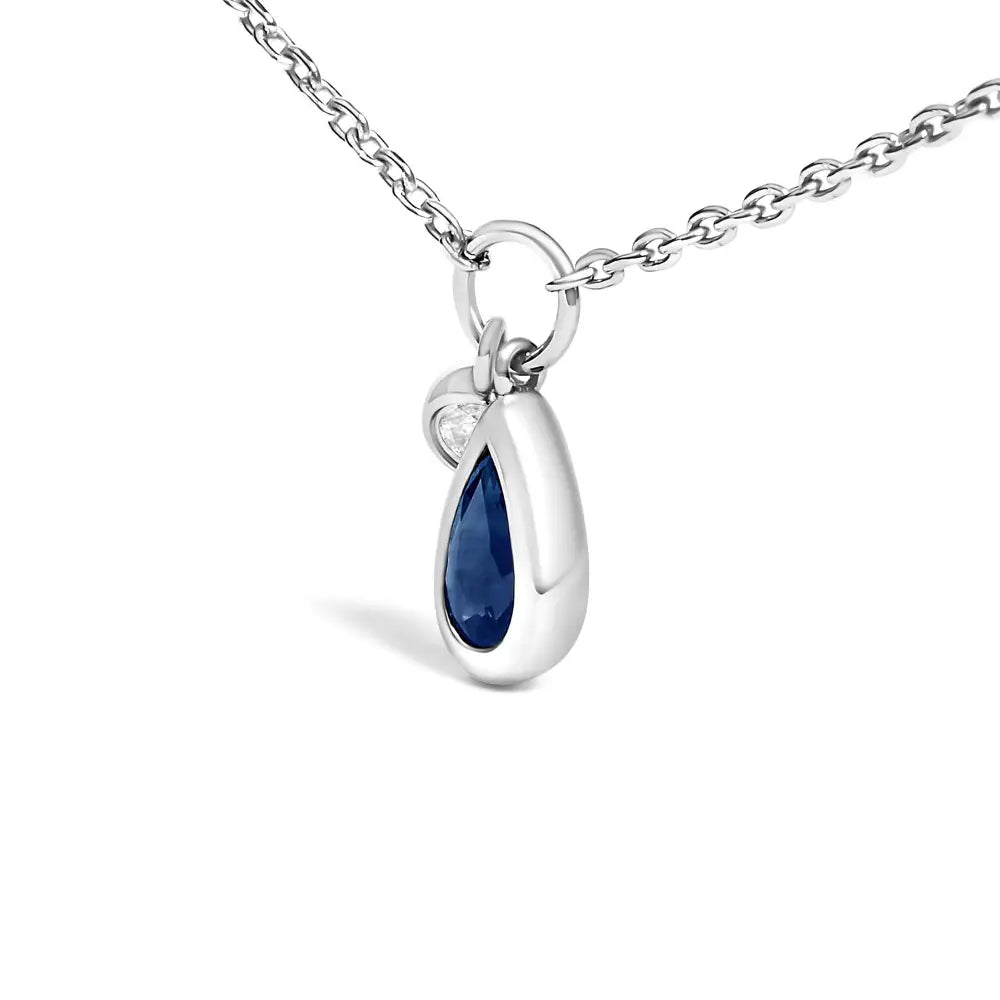 10K White Gold Pear Blue Sapphire and Diamond Pendant Necklace 18 Inches
