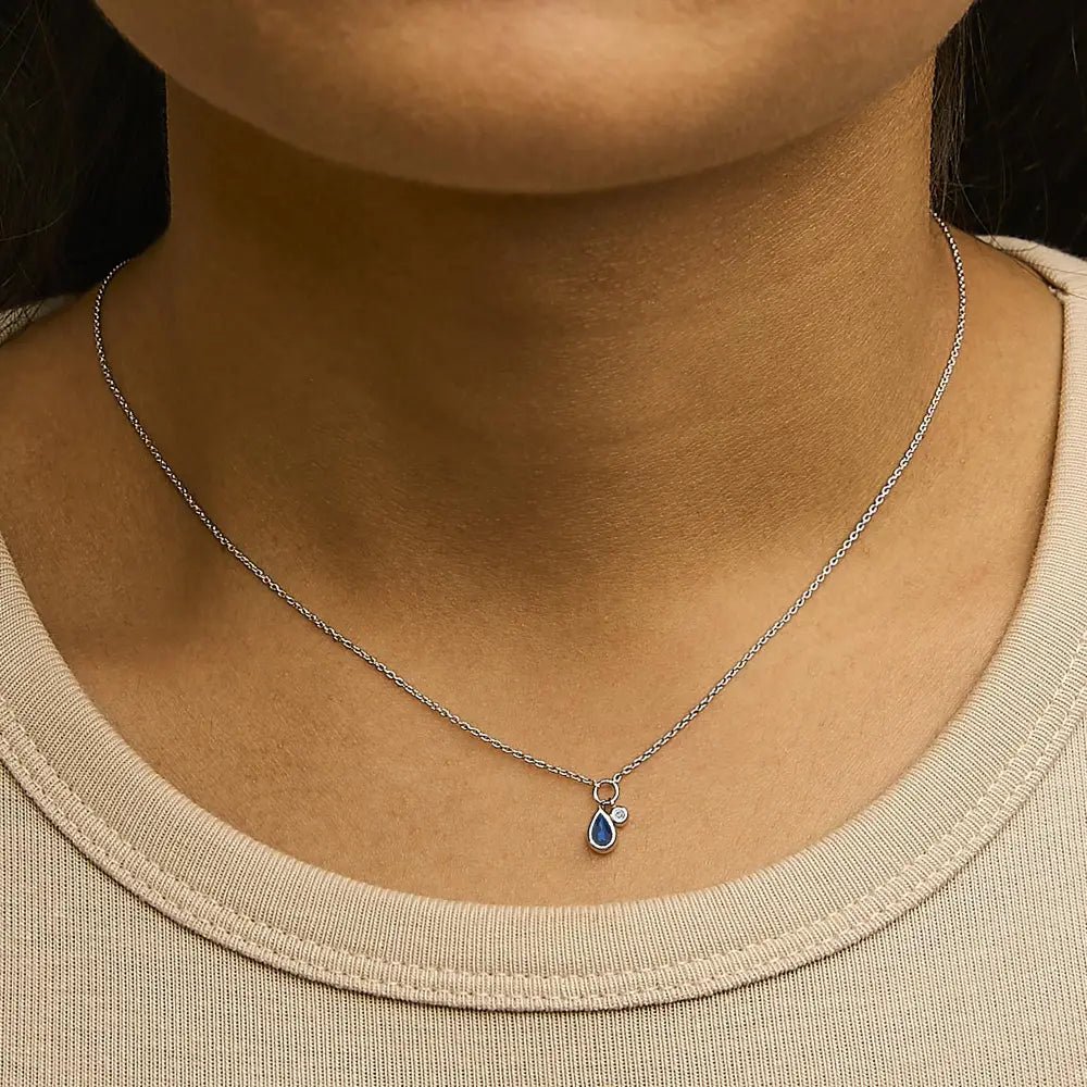 10K White Gold Pear Blue Sapphire and Diamond Pendant Necklace 18 Inches