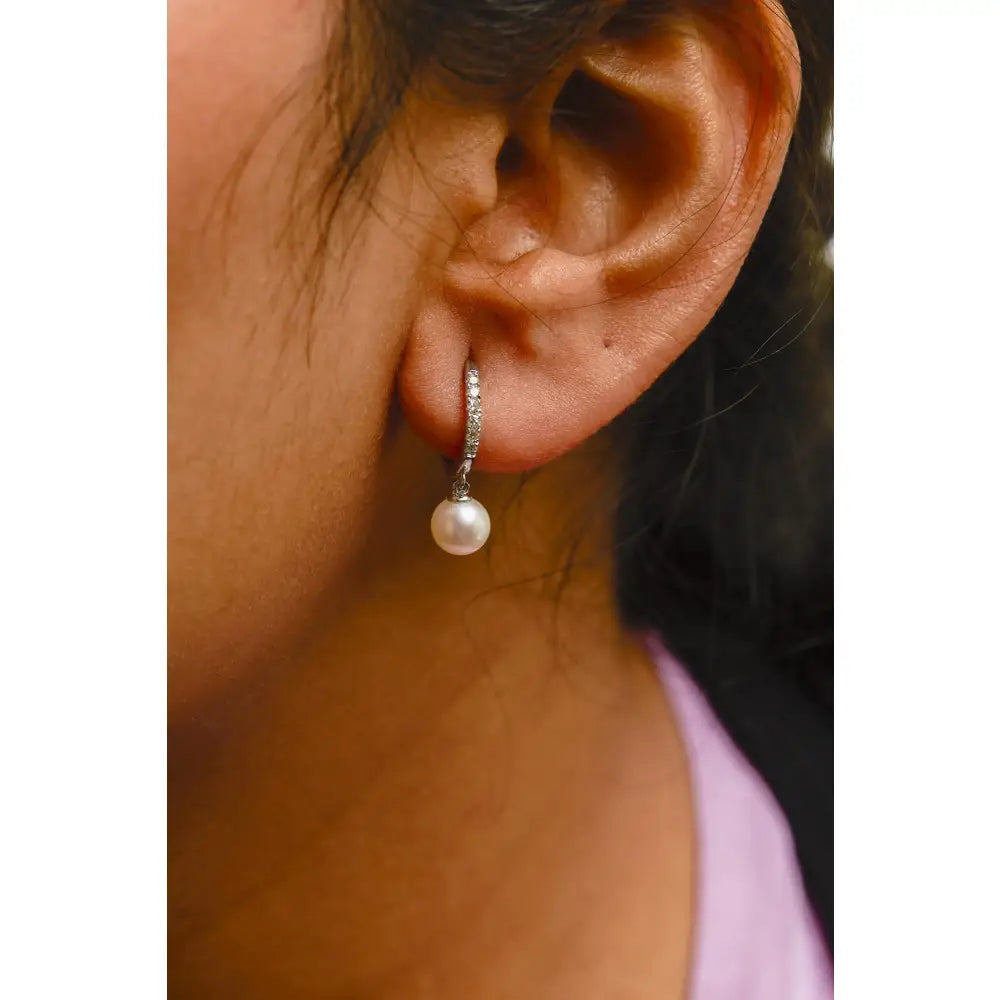 Freshwater Pearl and Diamond Drop Huggie Earrings in 10K White Gold 6mm