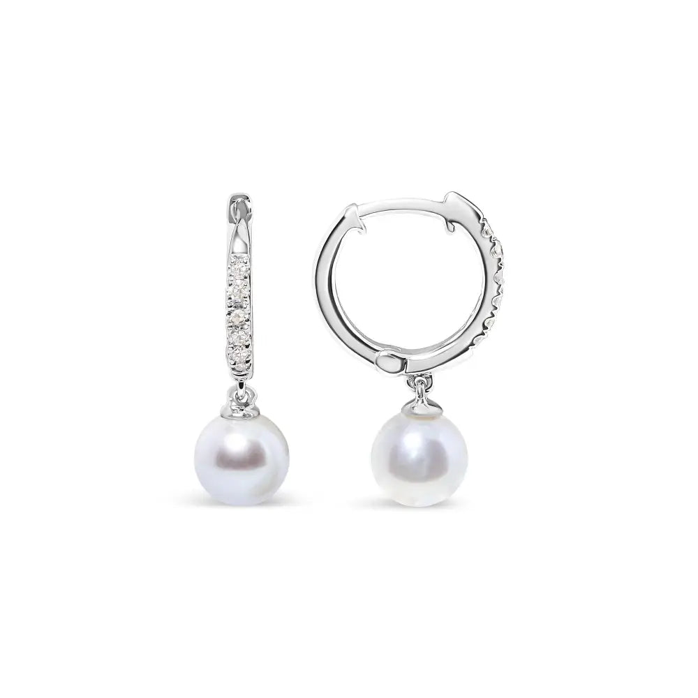 Freshwater Pearl and Diamond Drop Huggie Earrings in 10K White Gold 6mm