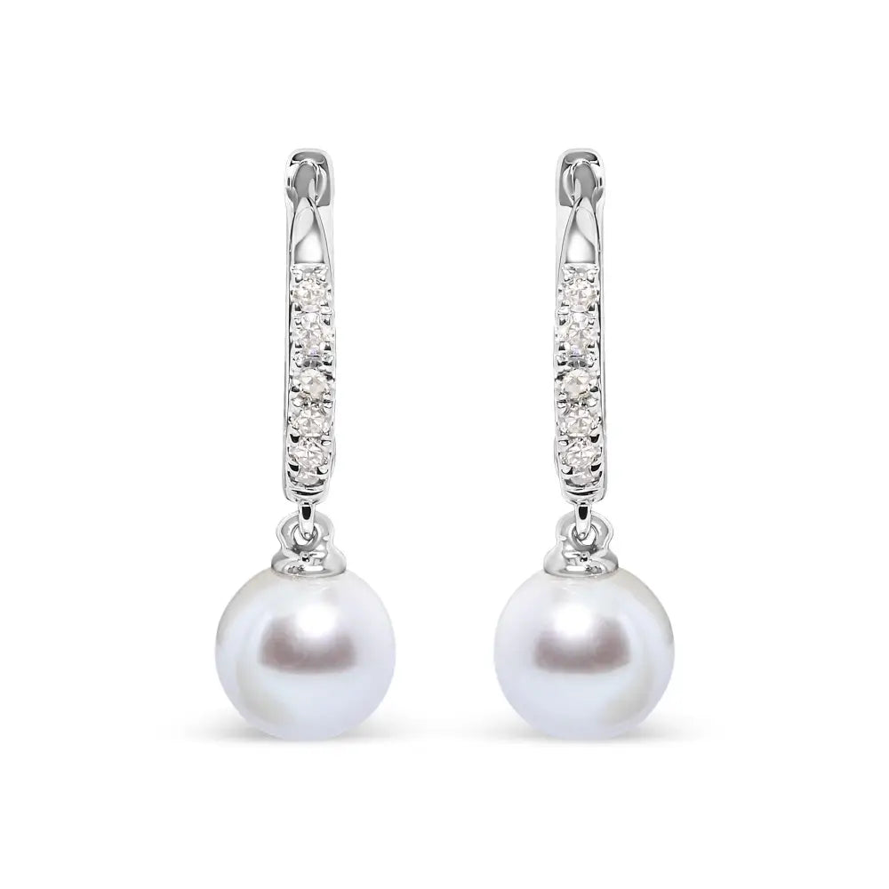 Freshwater Pearl and Diamond Drop Huggie Earrings in 10K White Gold 6mm