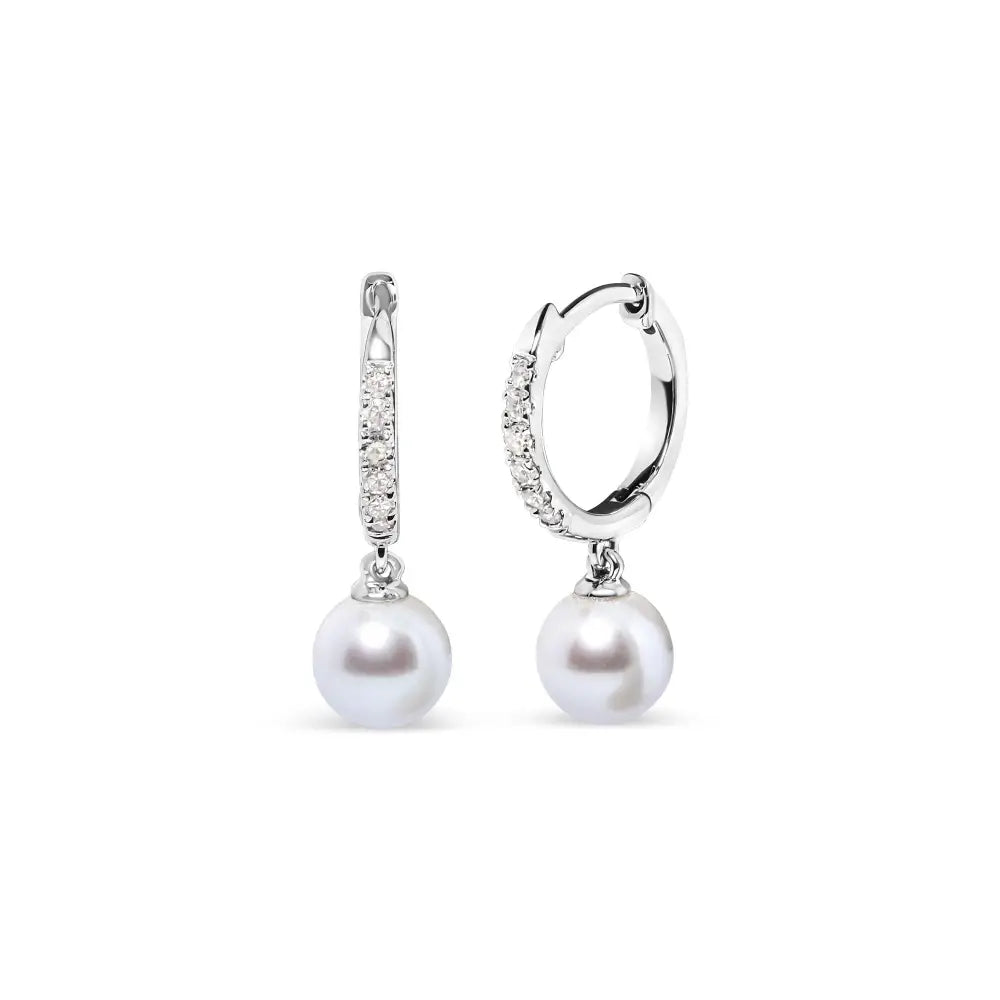 Freshwater Pearl and Diamond Drop Huggie Earrings in 10K White Gold 6mm