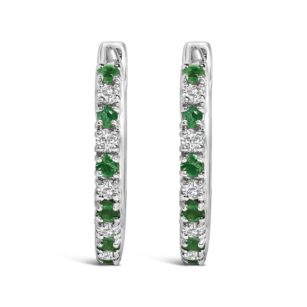 Emerald and Diamond Huggy Hoop Earrings in 10k White Gold