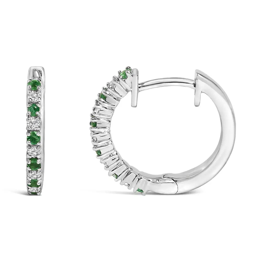 Emerald and Diamond Huggy Hoop Earrings in 10k White Gold