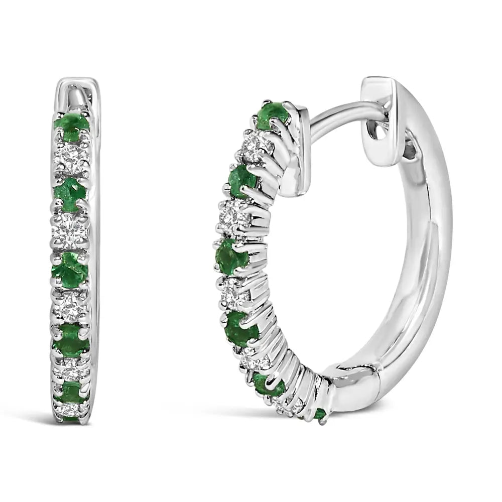 Emerald and Diamond Huggy Hoop Earrings in 10k White Gold