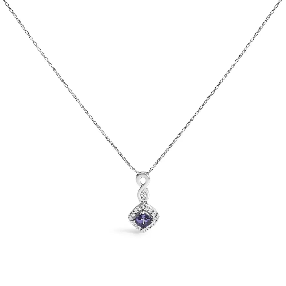 10K White Gold Cushion Tanzanite and Diamond Accent Drop Necklace 18