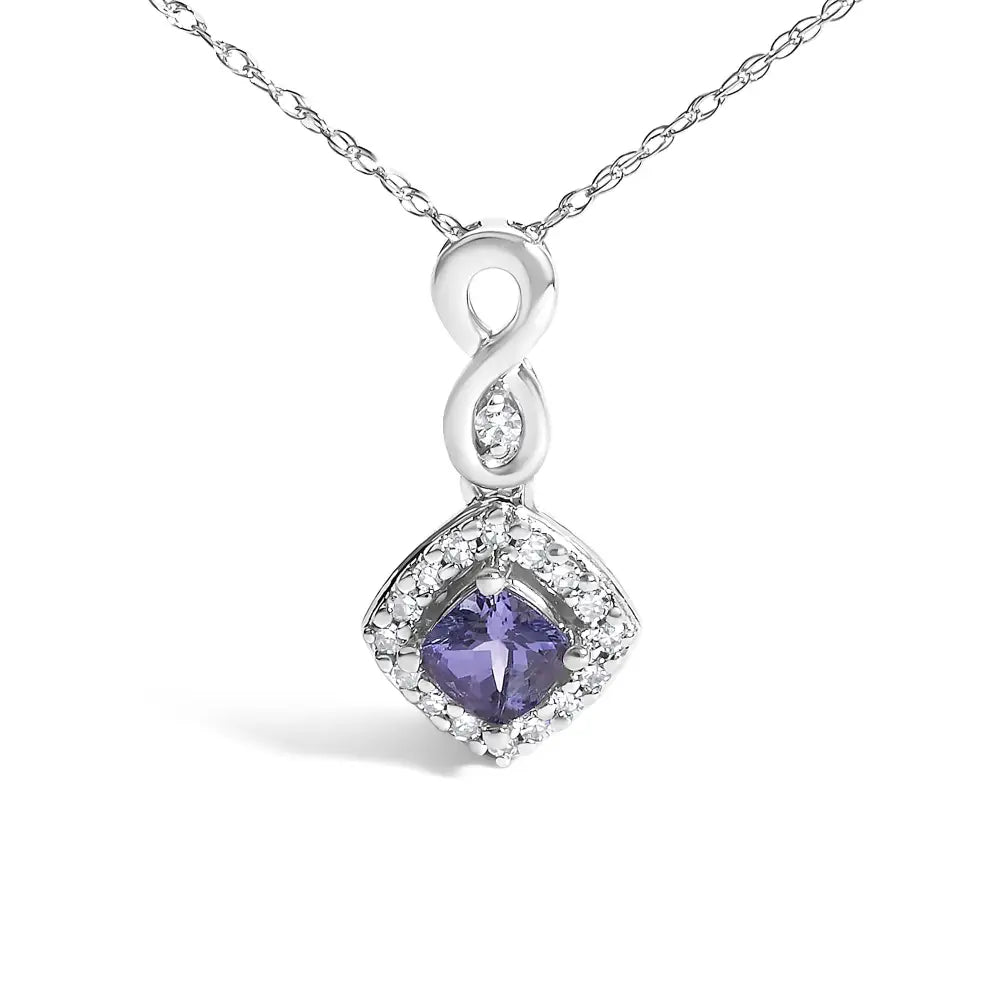10K White Gold Cushion Tanzanite and Diamond Accent Drop Necklace 18