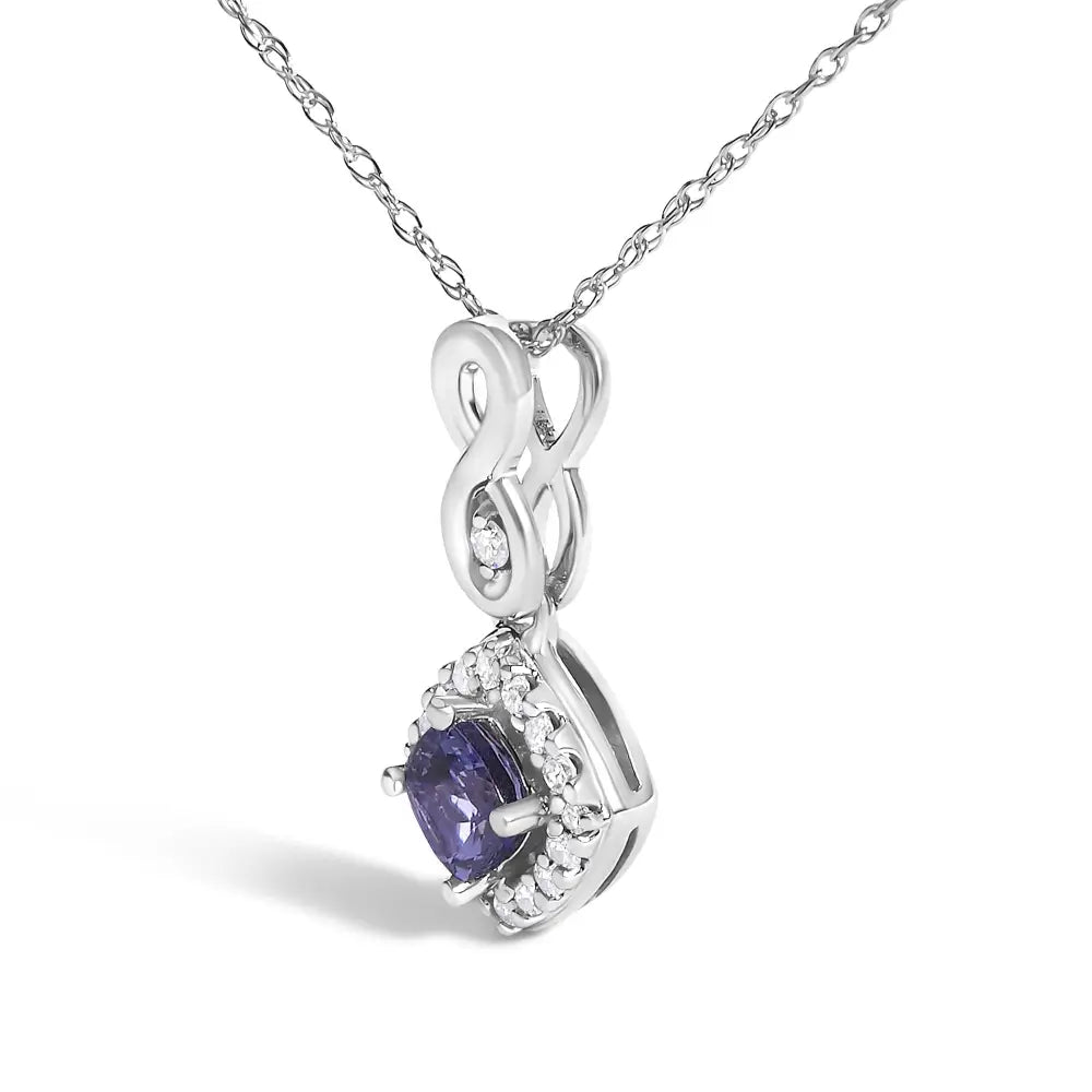 10K White Gold Cushion Tanzanite and Diamond Accent Drop Necklace 18