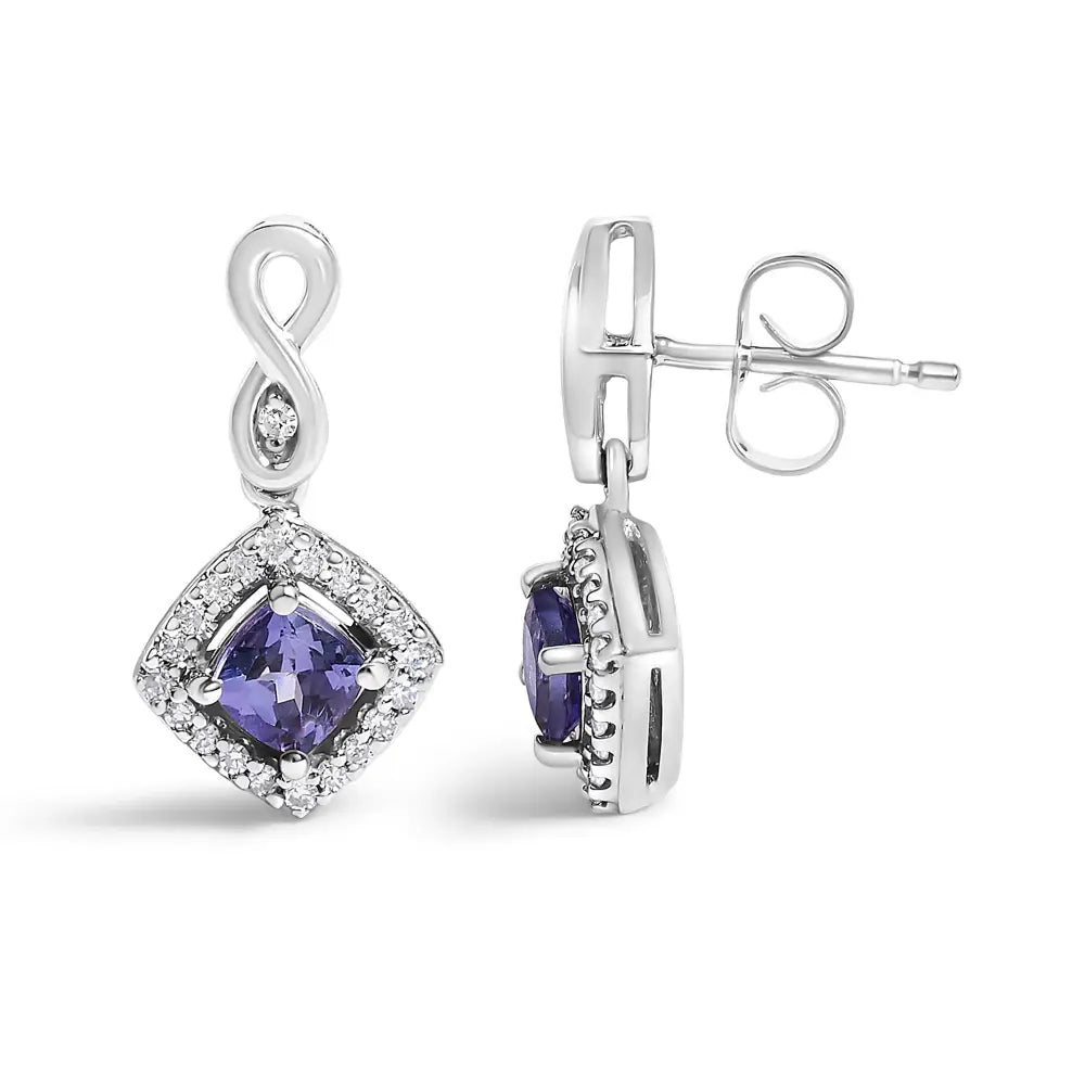 10K White Gold Tanzanite and Diamond Cushion Halo Drop Earrings