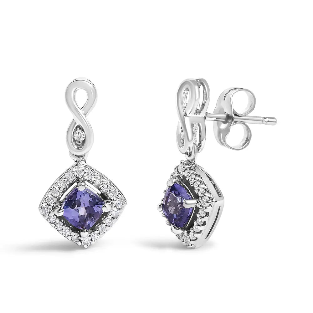10K White Gold Tanzanite and Diamond Cushion Halo Drop Earrings