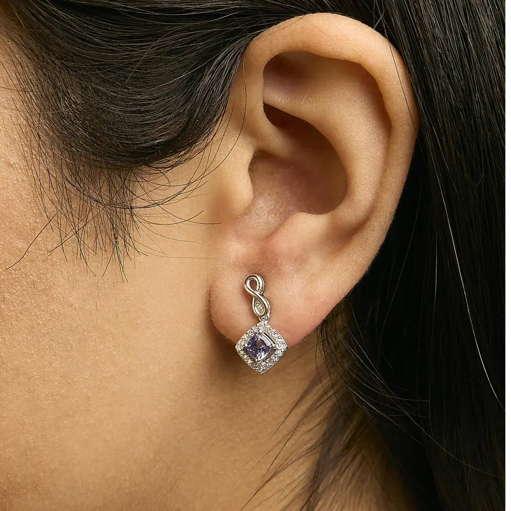 10K White Gold Tanzanite and Diamond Cushion Halo Drop Earrings