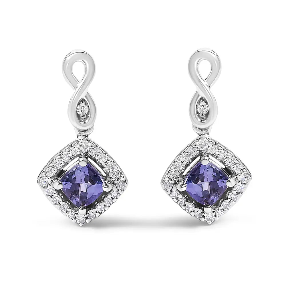 10K White Gold Tanzanite and Diamond Cushion Halo Drop Earrings