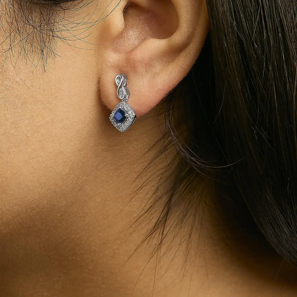 10K White Gold Blue Sapphire and Diamond Cushion Halo Drop Earrings