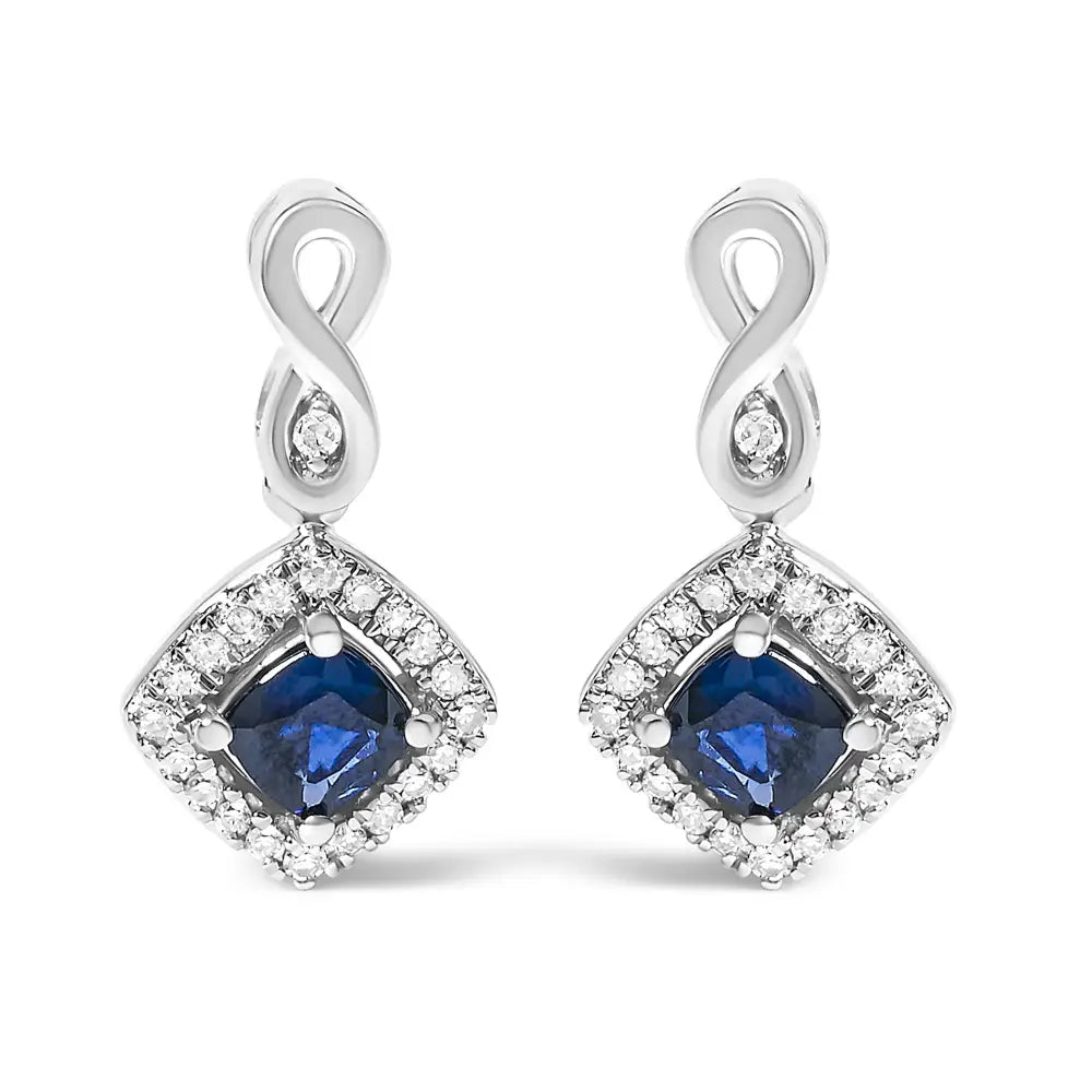 10K White Gold Blue Sapphire and Diamond Cushion Halo Drop Earrings