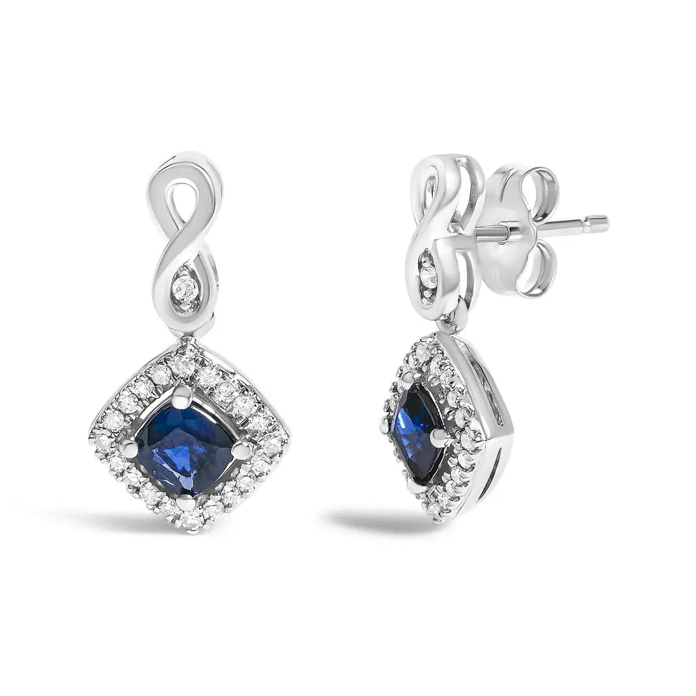 10K White Gold Blue Sapphire and Diamond Cushion Halo Drop Earrings