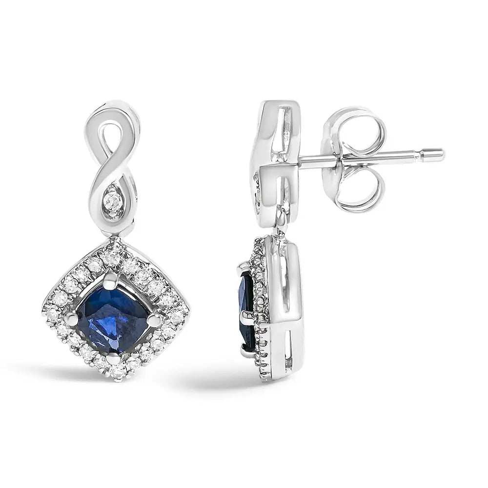 10K White Gold Blue Sapphire and Diamond Cushion Halo Drop Earrings