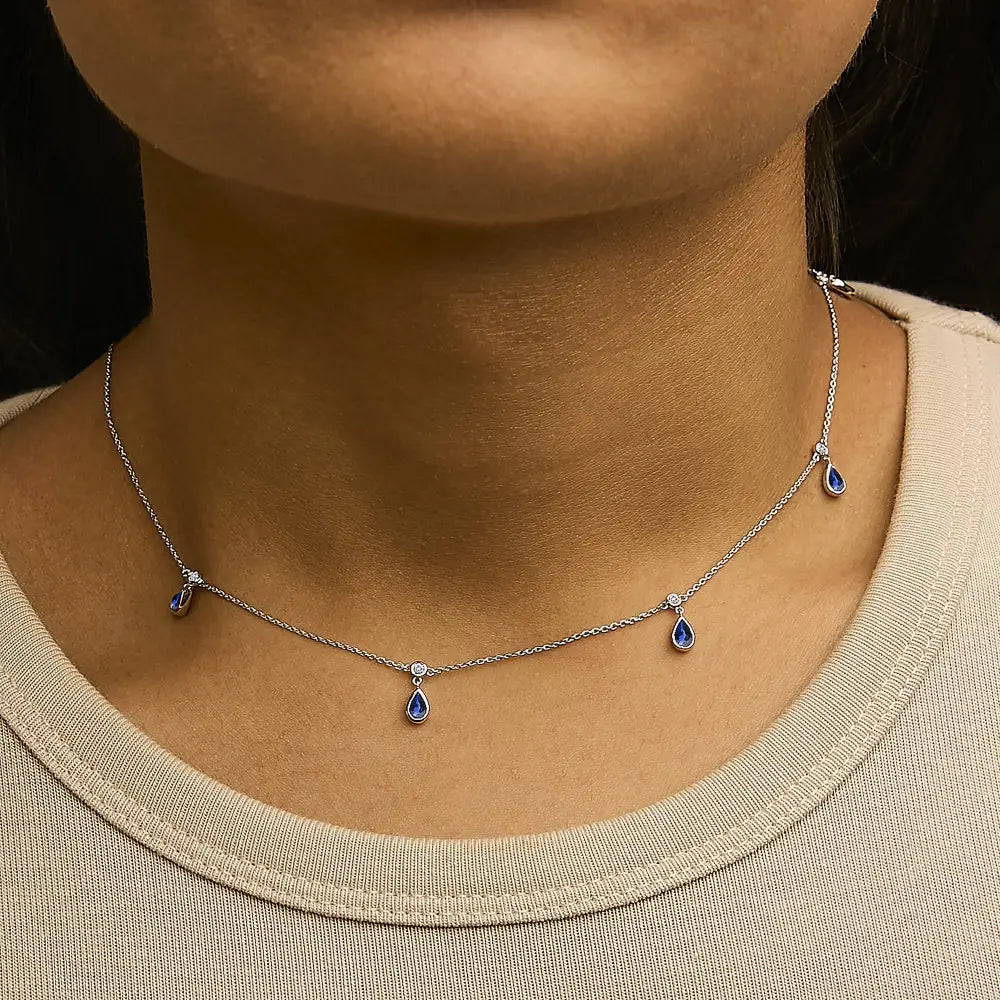 Pear Blue Sapphire and Diamond Station Necklace in 10K White Gold 18