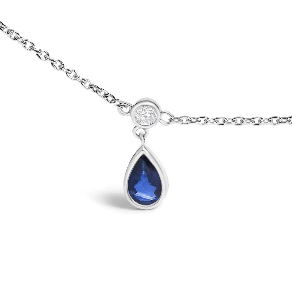 Pear Blue Sapphire and Diamond Station Necklace in 10K White Gold 18