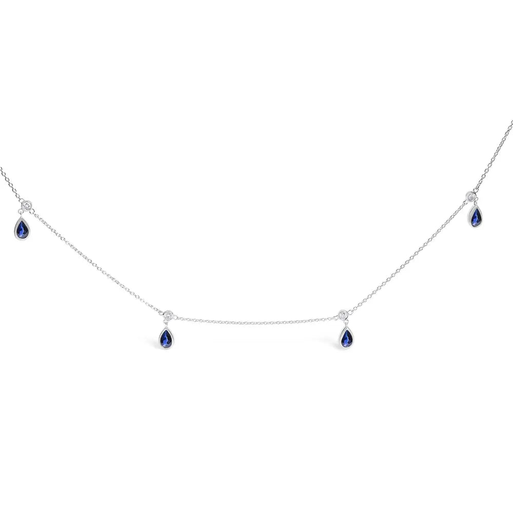 Pear Blue Sapphire and Diamond Station Necklace in 10K White Gold 18