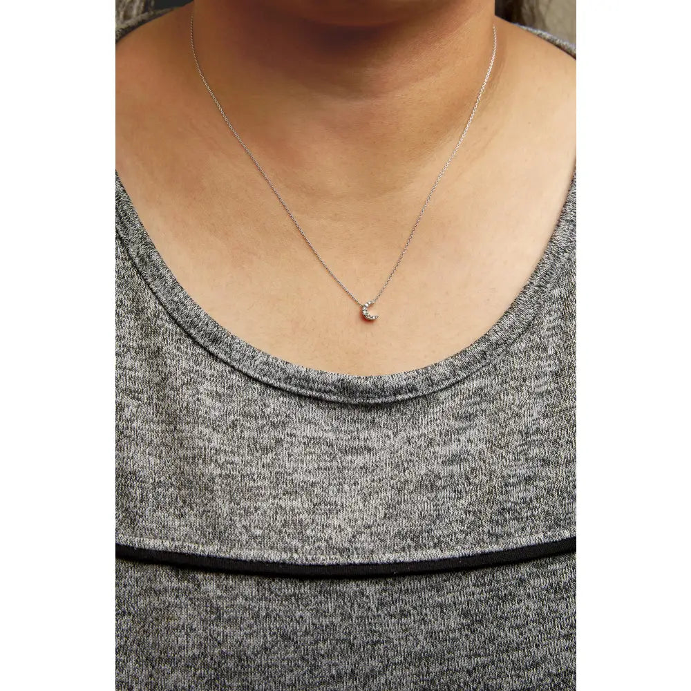 Diamond Crescent Moon Pendant Necklace in 10K White Gold with 7 Diamonds