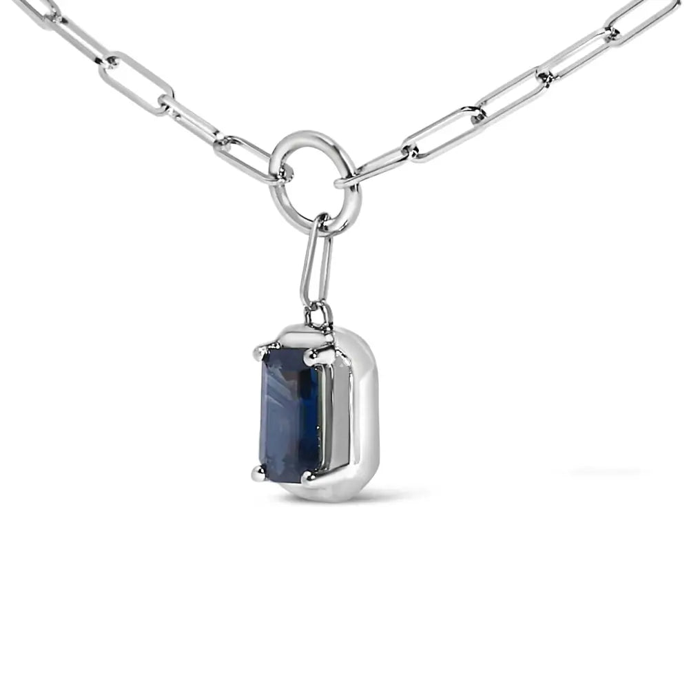 Emerald Cut Blue Sapphire 10K White Gold Paperclip Necklace 18 Inch
