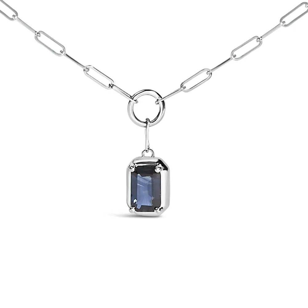 Emerald Cut Blue Sapphire 10K White Gold Paperclip Necklace 18 Inch
