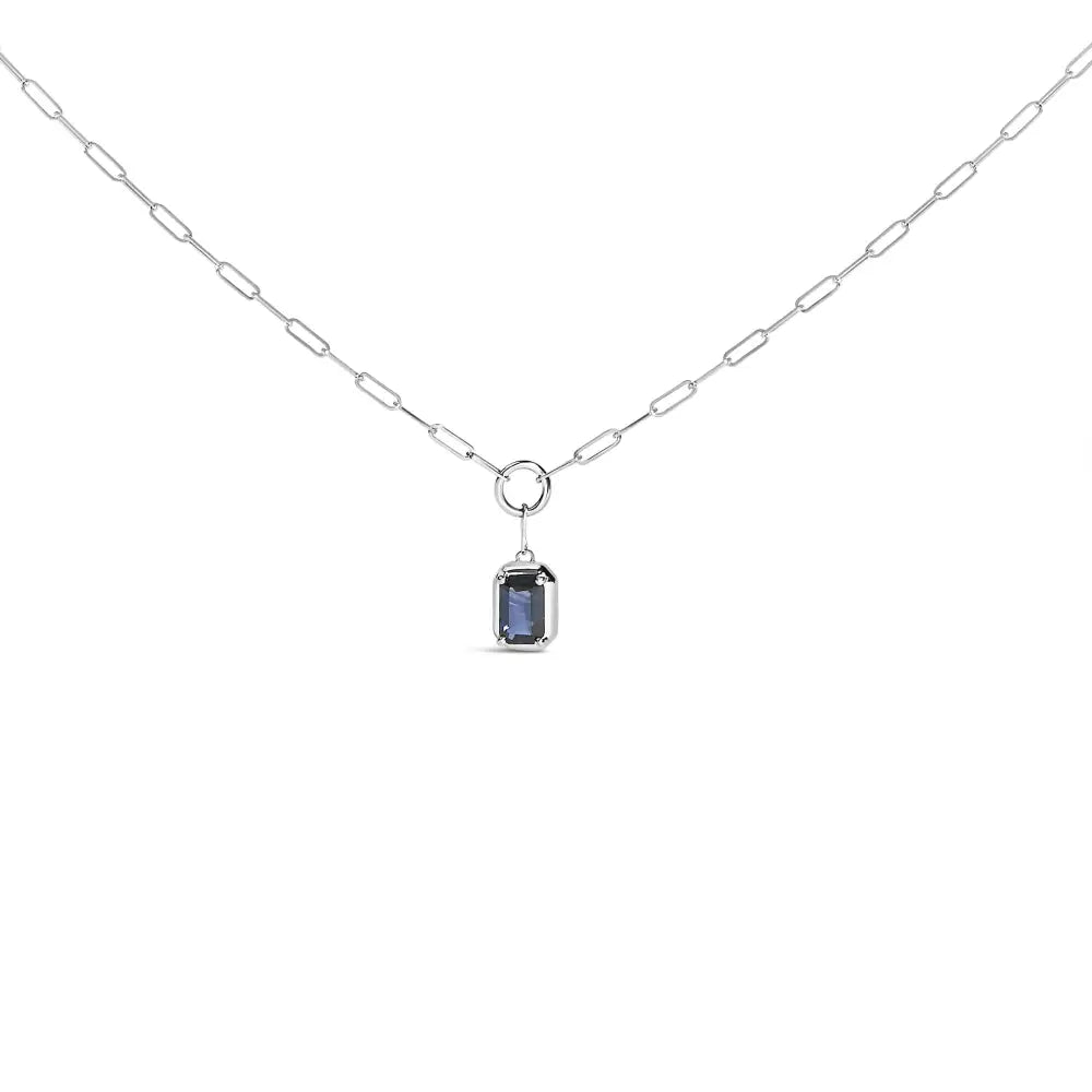 Emerald Cut Blue Sapphire 10K White Gold Paperclip Necklace 18 Inch
