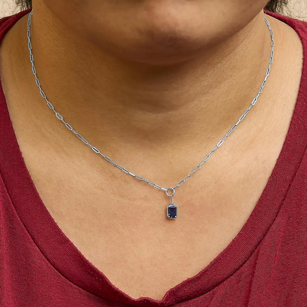 Emerald Cut Blue Sapphire 10K White Gold Paperclip Necklace 18 Inch