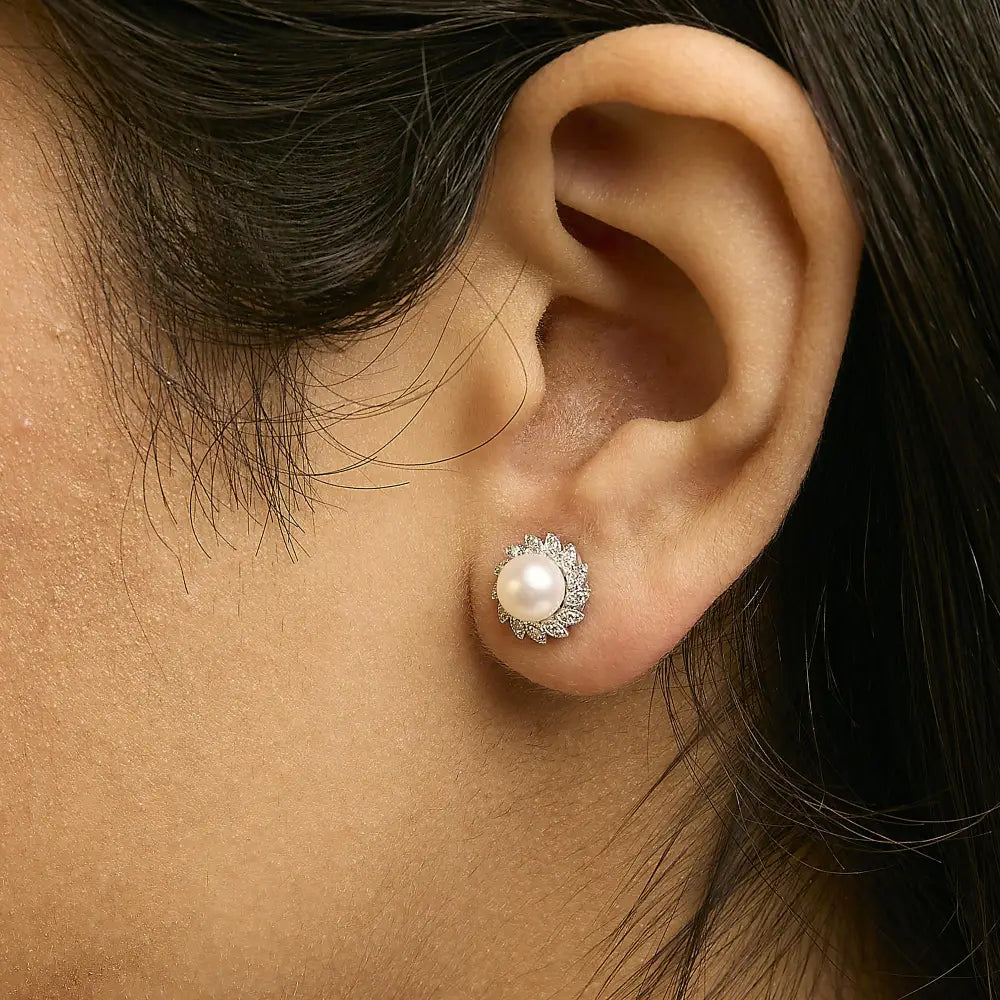 10K White Gold South Sea Pearl and Diamond Halo Stud Earrings