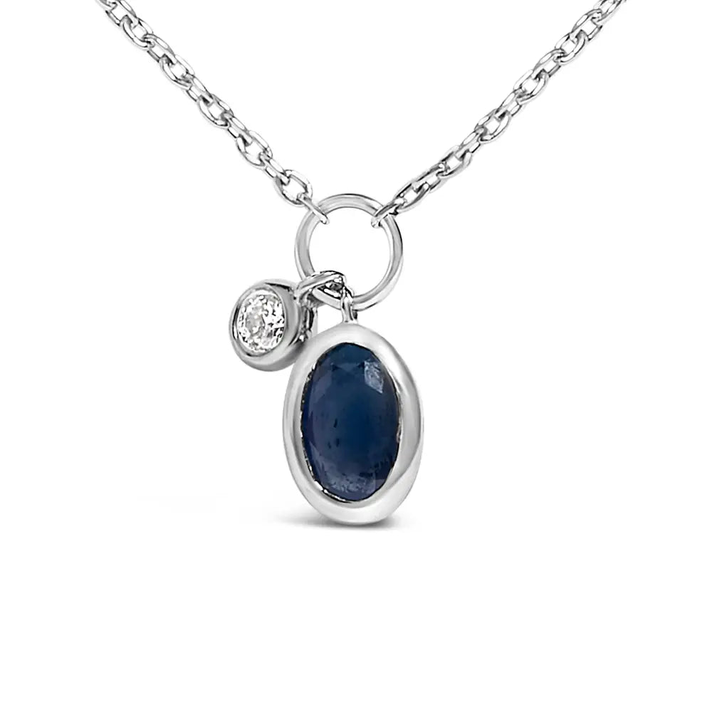 10K White Gold Oval Blue Sapphire and Diamond Double Charm Necklace 18