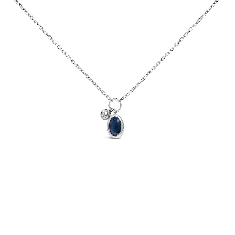 10K White Gold Oval Blue Sapphire and Diamond Double Charm Necklace 18
