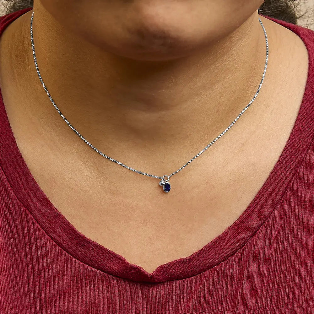 10K White Gold Oval Blue Sapphire and Diamond Double Charm Necklace 18