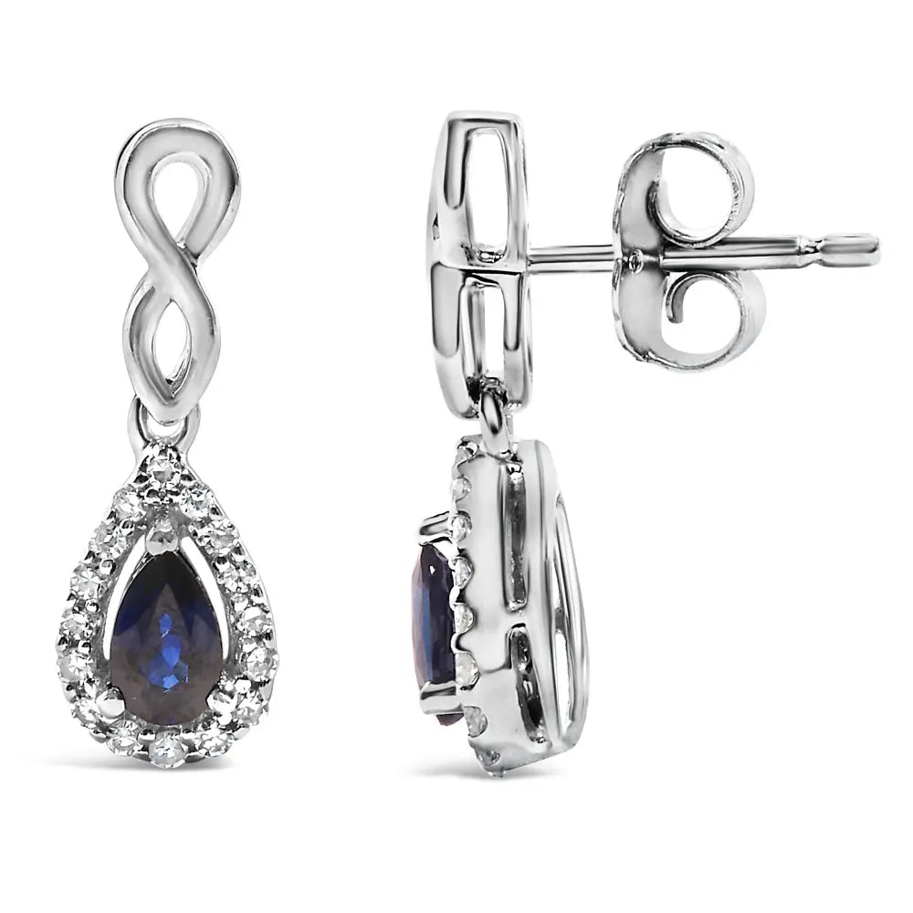 Blue Sapphire and 1/7 CTTW Diamond Infinity Drop Earrings in 10K White Gold