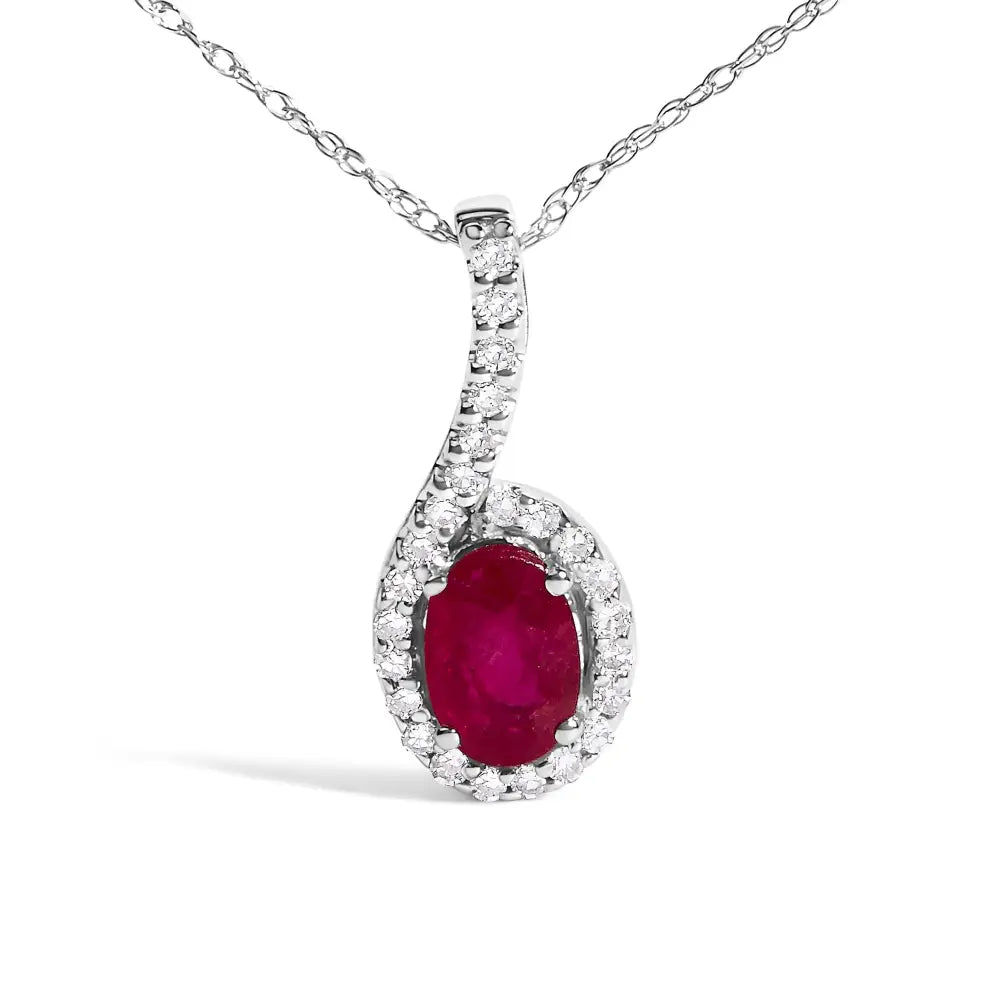 Oval Ruby and Diamond Teardrop Halo Pendant in 10K White Gold 18 Inch