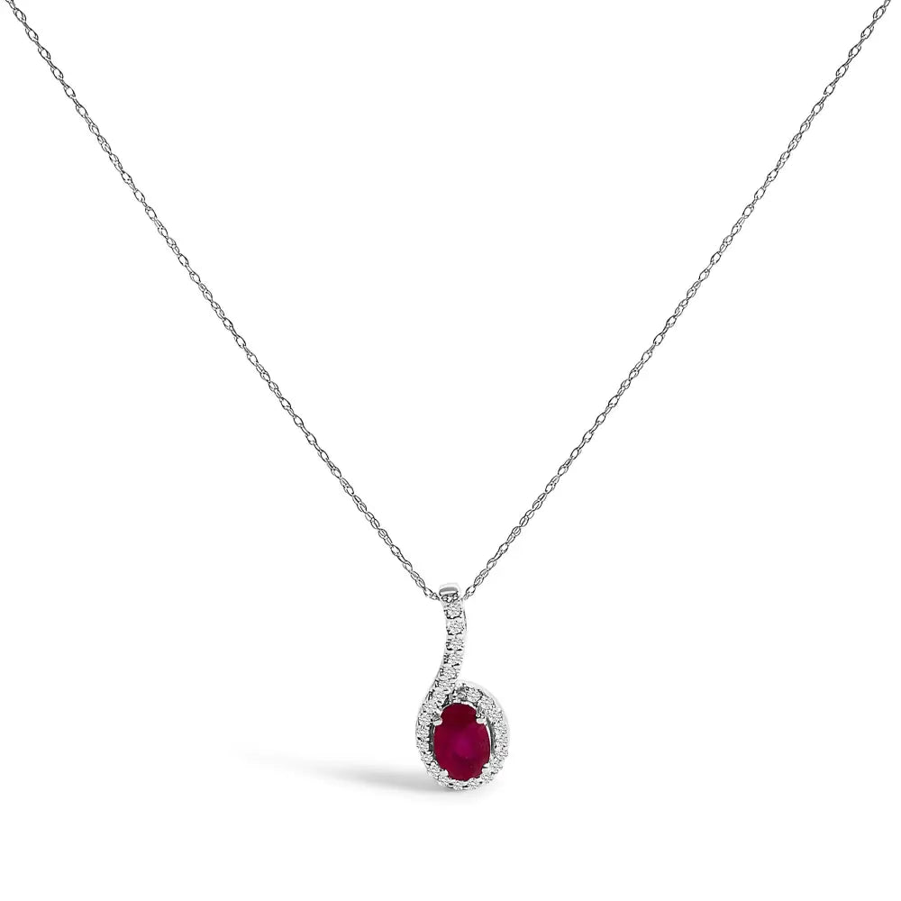 Oval Ruby and Diamond Teardrop Halo Pendant in 10K White Gold 18 Inch