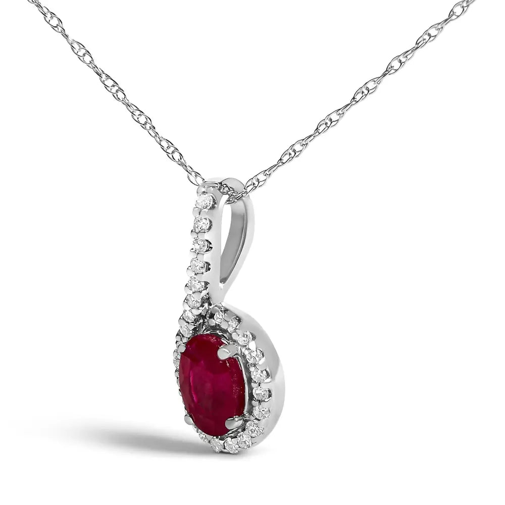 Oval Ruby and Diamond Teardrop Halo Pendant in 10K White Gold 18 Inch