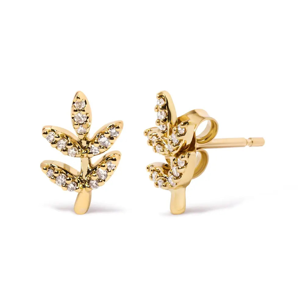 Diamond Leaf and Branch Stud Earrings in 10K Yellow Gold 1/10 cttw