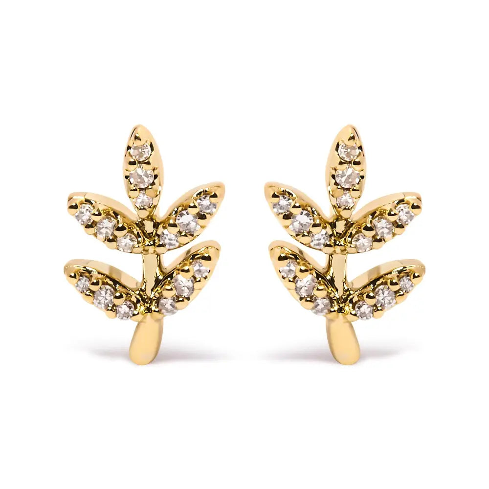 Diamond Leaf and Branch Stud Earrings in 10K Yellow Gold 1/10 cttw