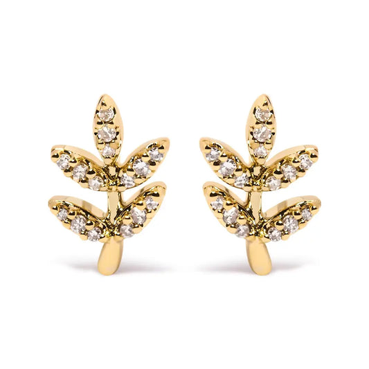 Diamond Leaf and Branch Stud Earrings in 10K Yellow Gold 1/10 cttw