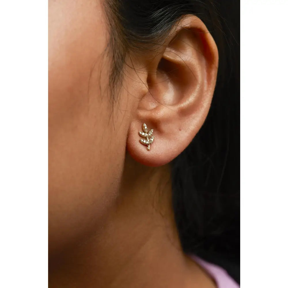 Diamond Leaf and Branch Stud Earrings in 10K Yellow Gold 1/10 cttw