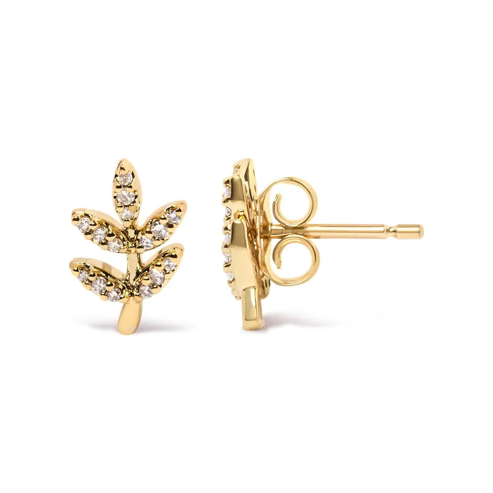 Diamond Leaf and Branch Stud Earrings in 10K Yellow Gold 1/10 cttw